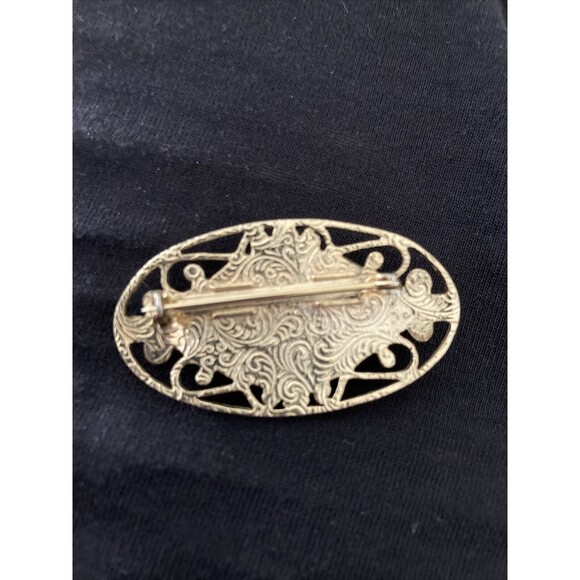 Vintage 1928 Oval Pink Porcelain Rose Brooch Gold tone Filigree Floral Pin - Picture 7 of 9